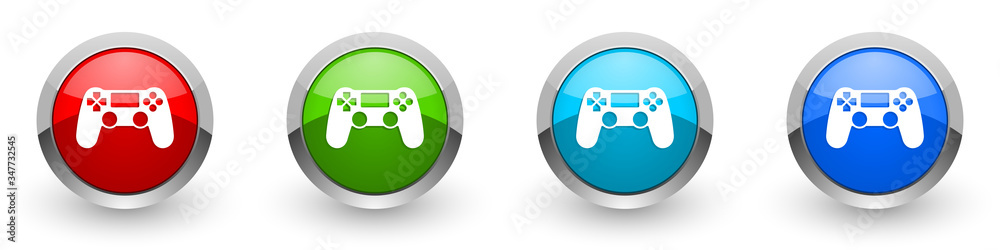Poster Wireless gaming controller silver metallic glossy icons, gamepad concept set of modern design buttons for web, internet and mobile applications in four colors options isolated on white background