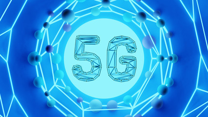 3d rendering. 5g text surrounded in a circle of connections. Concept of network