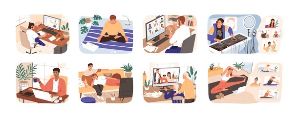 People stay at home. Men and women working, doing exercises and yoga, relax, communicate with family during quarantine. Work, leisure and hobby on isolation. Vector illustration in flat cartoon style.
