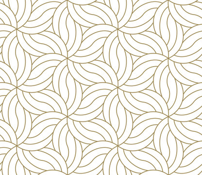 Seamless floral pattern with abstract geometric flower line texture, gold on white background. Light modern simple wallpaper, bright tile backdrop, decorative graphic element