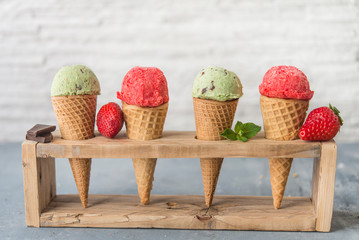 Ice cream of mint and chocolat and strawberry