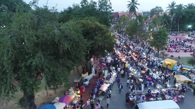 Aerial Footage of Kad Kuang Mueng Nan ( Nan Night Market) Famous Tourist Attraction in Nan, Northern of Thailand