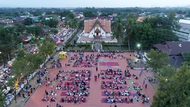 Aerial Footage of Kad Kuang Mueng Nan ( Nan Night Market) Famous Tourist Attraction in Nan, Northern of Thailand