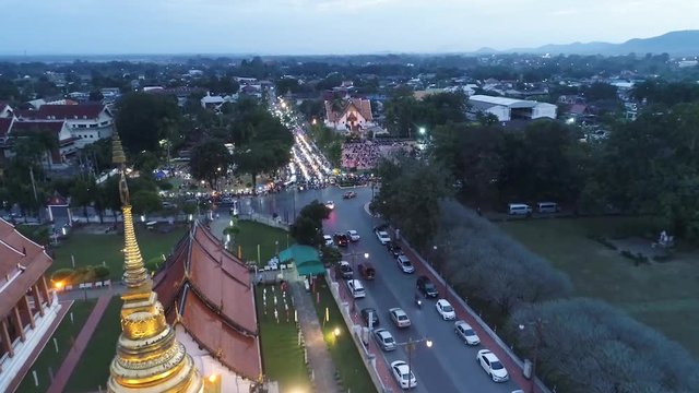 Aerial Footage of Kad Kuang Mueng Nan ( Nan Night Market) Famous Tourist Attraction in Nan, Northern of Thailand