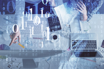 Double exposure of man and woman working together and data theme hologram drawing. Computer background. Top View.