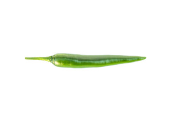 close up of one green chili an ingredient for cooking and flavoring in the kitchen isolated on white background with clipping path.