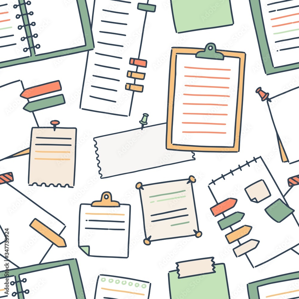 Poster Various notebooks and paper sheets for making writing notes seamless pattern. Colorful blanks attached with pushpins and adhesive tape, stickers and reminder lists on white background