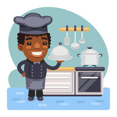 Smiling chef with tray and metal cloche lid cover in his hand. Composition with a professional. Flat male character.