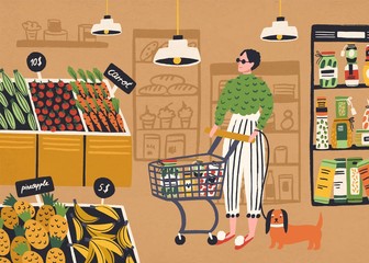 Cartoon trendy woman buyer with dog purchasing at supermarket vector flat illustration. Colorful female customer with shopping card buying food at grocery store. Hypermarket with shelf of products