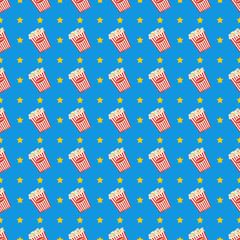 Cinema seamless pattern. Wallpaper with popcorn, stereo glasses and stars.