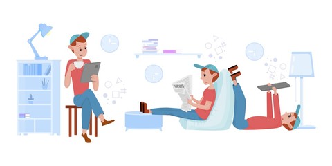 A young man is on self-isolation, reads the news and learns, drinks coffee, flat style cartoon illustration.