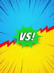 Colorful comic dynamic duel concept with white VS wording green speech bubble red lightnings blue and yellow halftone rays effects. Vector illustration