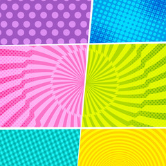 Comic scenes light composition with dotted radial halftone grid circles effects. Vector illustration