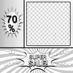 Comic monochrome advertising composition with promotional inscriptions humor effects and square shape with transparent background. Vector illustration