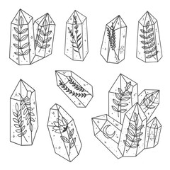Set of magical crystals with plants. Isolated gem collection. Vector illustration.
