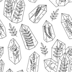 Seamless pattern with magic crystals and plans. Esoteric gem background. Vector illustration.