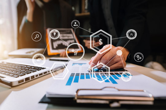 Co working process, team working.Coding software developer work with AR new design dashboard computer icons.team business concept

