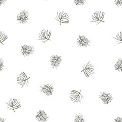 Seamless pattern with fir branches. White background with green pine branches. Watercolor illustration for print and use in design.