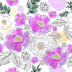 Watercolor flowers seamless pattern with leaves. Mixed media. Vector illustration