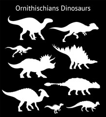 Silhouettes of ornithischian dinosaurs. Set. Side view. Monochrome vector illustration of white stencils of dinosaurs isolated on black background. Ornithischia. Proportional dimensions.
