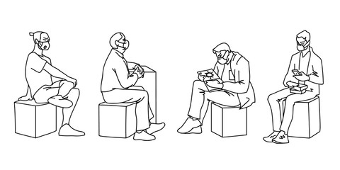 People in medical masks. Vector illustration of masked men in linear style isolated on a white background. Respiratory protection. Facial tissue to prevent diseases, flu, air pollution. Men sitting.