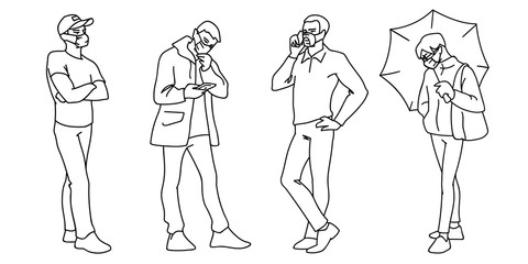 People in medical masks. Vector illustration of masked men in linear style isolated on a white background. Respiratory protection. Facial tissue to prevent diseases, flu, air pollution. Men standing.