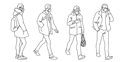 Fototapeta na wymiar People in medical masks. Vector illustration of masked men in linear style isolated on white background. Respiratory protection. Facial tissue to prevent diseases, flu, air pollution. Man walking.