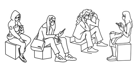 People in medical masks. Vector illustration of masked women in linear style isolated on white background. Respiratory protection. Facial tissue to prevent diseases, flu, air pollution. Women sitting.