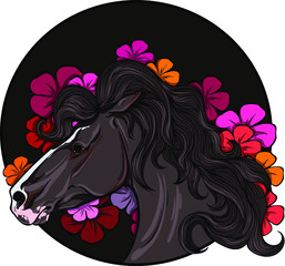 Portrait of a horse in a black circle. Flowers in the background. Vector illustration.