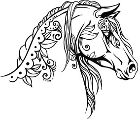 Coloring page. Portrait of a horse. Flower pattern.