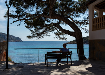 beautiful bench under a big tree with view to the coastline of sant elm, mallorca, spain