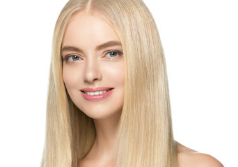 Fototapeta premium Beautiful woman blonde long smooth hair natural beauty smile happy