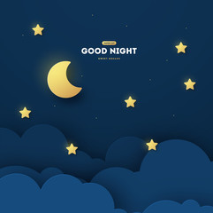 Sweet dream and Good night concept illustration, Baby shower greeting card, with moon and stars. Invitation Template, vector paper art