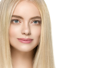 Naklejka premium Beautiful woman blonde long smooth hair natural beauty smile happy