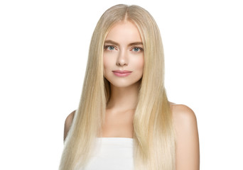 Beautiful woman blonde long smooth hair natural beauty smile happy