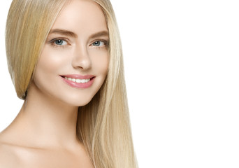 Fototapeta premium Beautiful woman blonde long smooth hair natural beauty smile happy