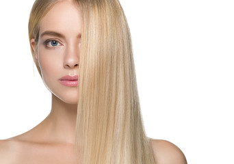 Beautiful woman blonde long smooth hair natural beauty smile happy