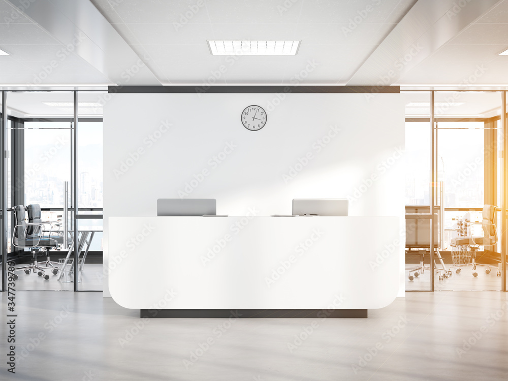 Poster Blank white reception desk in concrete office with large windows Mockup 3D rendering