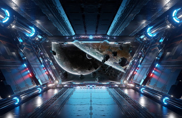 Blue and red futuristic spaceship interior with window view on planets 3d rendering © sdecoret