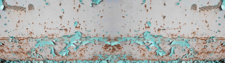 Aquamarine turquoise painted exfoliated peeled rusty bright white metal wall texture, with space...
