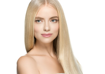 Naklejka premium Beautiful woman blonde long smooth hair natural beauty smile happy