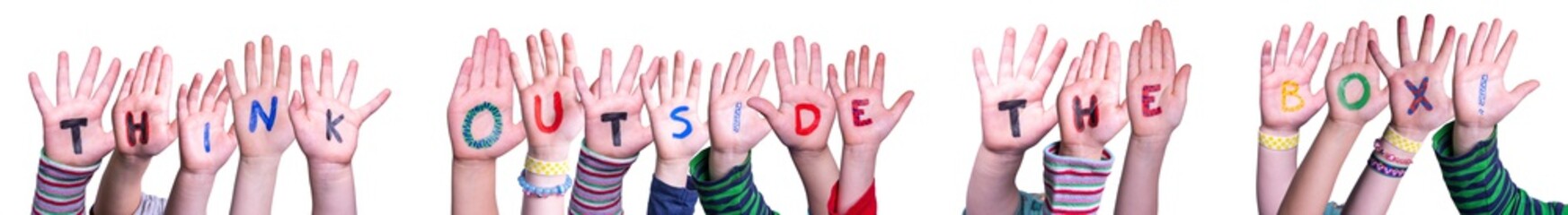 Children Hands Building Colorful English Word Think Outside The Box. White Isolated Background