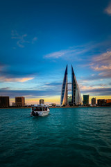 Beautiful view of Bahrain skyline during sunset in the seafront