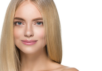 Fototapeta premium Beautiful woman blonde long smooth hair natural beauty smile happy