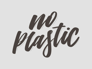 No plastic. Hand drawn vector lettering. Motivation phrase. Isolated on yellow background. slogan