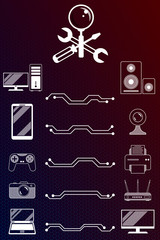 Repair, maintenance of digital, video and computer equipment - a symbol in the form crossed screwdriver, wrench and magnifier. Vector vertical
