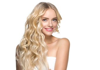 Blonde woman hair long hairstyle beautiful face beautymodel cosmetic spa concept