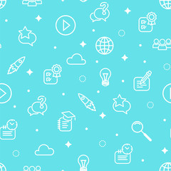 Online education seamless pattern. White school line icons on blue background. E-learning texture with study sign for print, paper, fabric, decor, wrap, wallpaper, social media. Vector illustration