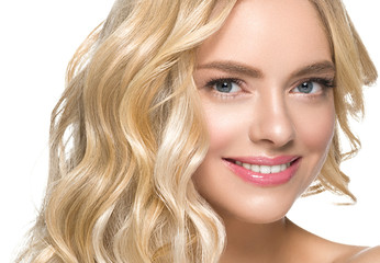 Blonde woman hair long hairstyle beautiful face beautymodel cosmetic spa concept