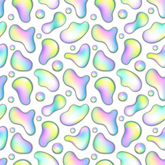 Liquid shape with rainbow gradient on white background. Frequent abstract seamless pattern. Pastel color floating paint blob